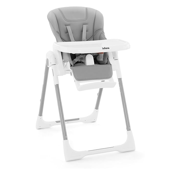 INFANS High Chair for Babies & Toddlers, Foldable Highchair with Multiple Adjustable Backrest Footrest Seat Height, Removable Tray, Detachable PU Leather Cushion, Built-in Rear Wheels (Light Grey)-BubblyBeeBaby