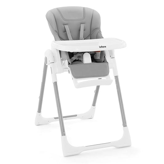 INFANS High Chair for Babies & Toddlers, Foldable Highchair with Multiple Adjustable Backrest Footrest Seat Height, Removable Tray, Detachable PU Leather Cushion, Built-in Rear Wheels (Light Grey)-BubblyBeeBaby