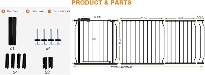 HOOEN 30" Tall Extra Wide Baby Gates for Doorways Stairs 76 to 86 in Large Long Pressure Mounted Pet Dog Gate Metal Tension Indoor Child Safety Gates with Extension Kits-BubblyBeeBaby