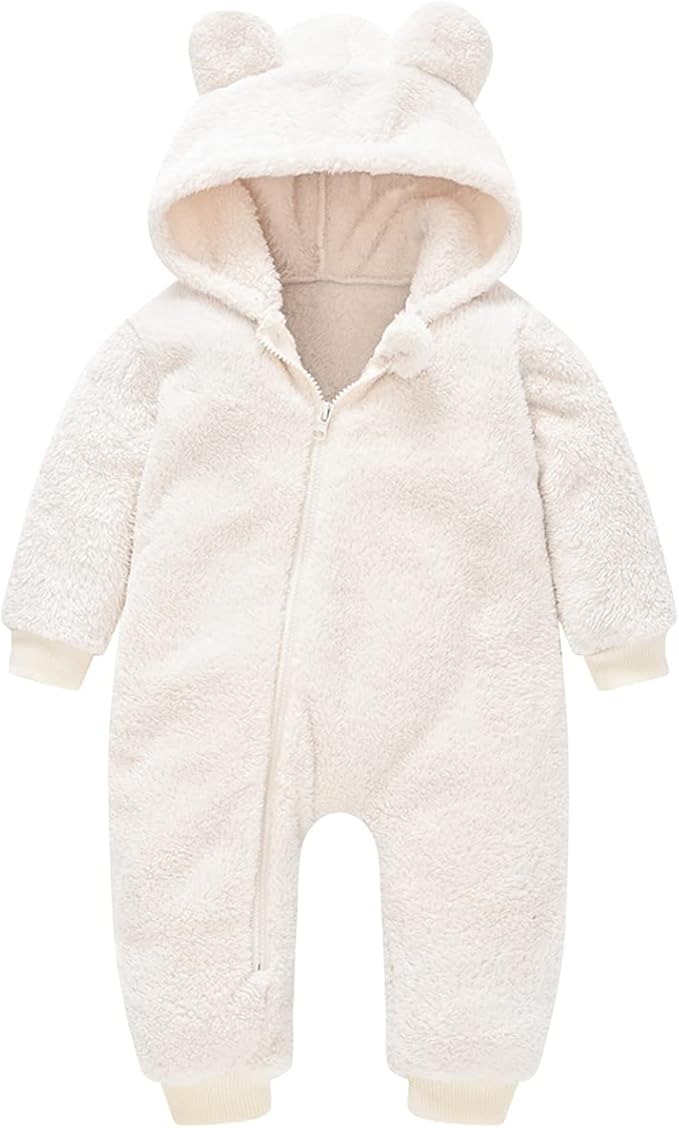 Baby Fleece Jumpsuits Infant Bear Ear Snowsuit Newborn Hooded Romper Warm Coat-BubblyBeeBaby