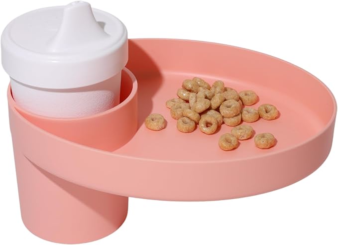 Travel Tray Oval USA Made Extend Your Current Cup Holder to Hold Your Cup Plus A Tray for Snacks, Toys and Accessories. Use in a Car Seat, Booster, Stroller, Golf Cart, Outdoor Chair, (Peach)-BubblyBeeBaby