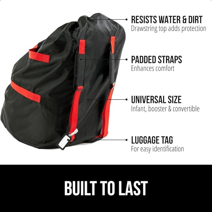 GORILLA GRIP Car Seat Travel Bag for Airplane Gate Check, Easy Carry Backpack Bags Cover Carseats, Infant Baby Carriers and Toddler Booster Seats for Airport, Child Air Travels Airport Essential, Red-BubblyBeeBaby