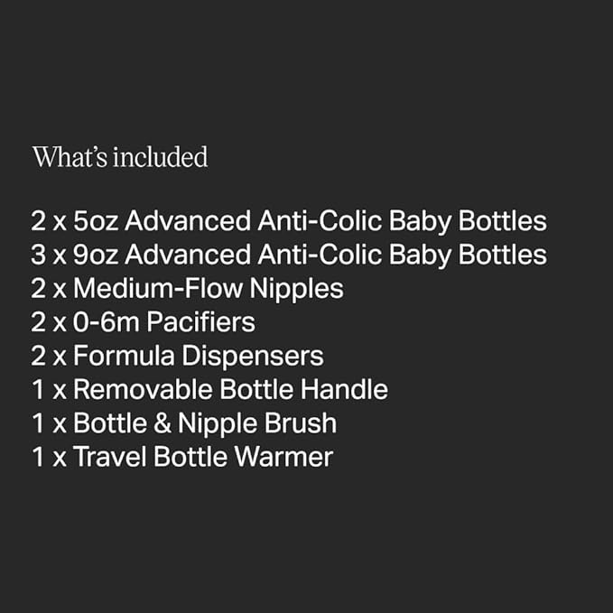 Tommee Tippee Advanced Anti-Colic Ready for Baby Bottle Set, 5oz and 9oz Self-Sterilizing Bottles, Slow and Medium Flow Nipples, 0-6 Month Pacifiers, Travel Bottle Warmer, Removable Bottle Handles-BubblyBeeBaby