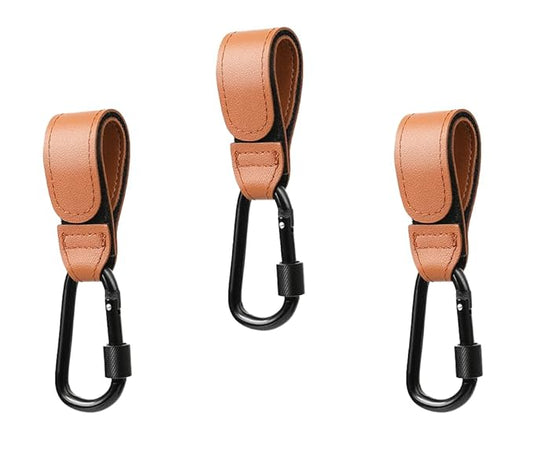 3 Pcs Baby Stroller Hook, Carry 20 lbs per Stroller Carabiner Clip, Adjustable Baby Stroller & Car Seat Hook for Hanging Diaper Bag, Wheelchair, Shopping and Pet Cart(Leather)-BubblyBeeBaby