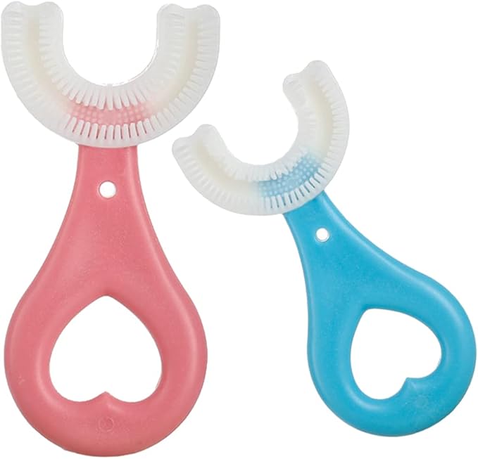2 Pcs U-Shaped Kids Toothbrush, Premium Soft Manual Training Toothbrush for Kids 2-6 Years Old. (Blue+Pink)-BubblyBeeBaby