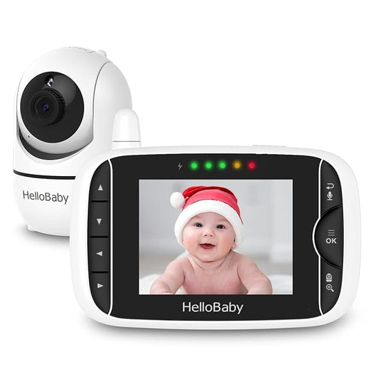 HelloBaby Video Baby Monitor with Remote Camera Pan-Tilt-Zoom, 3.2'' Color LCD Screen, Infrared Night Vision, Temperature Display, Lullaby, Two Way Audio-BubblyBeeBaby