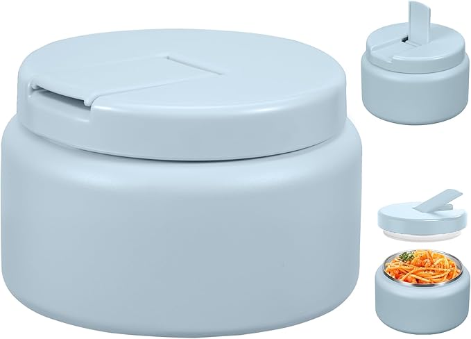 13.5oz Kids Thermos for Hot Food, Insulated Vacuum Food Jar with Buckle Lid, Stainless Steel Wide Mouth Leak Proof Insulated Lunch Container for School Picnic Travel, Blue-BubblyBeeBaby