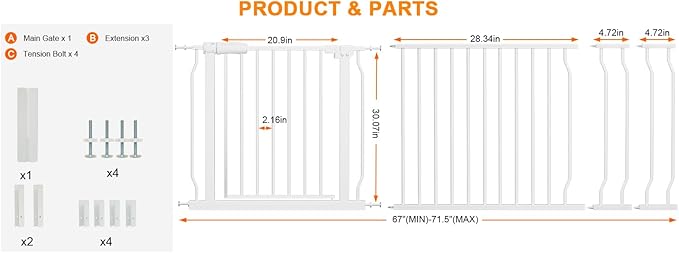 HOOEN Extra Wide Baby Gates 67-71.5 Inch Child Safety Gates for Stairs Doorways Hallway Indoor Pressure Mounted Walk Through Gate for Kids or Pets-BubblyBeeBaby