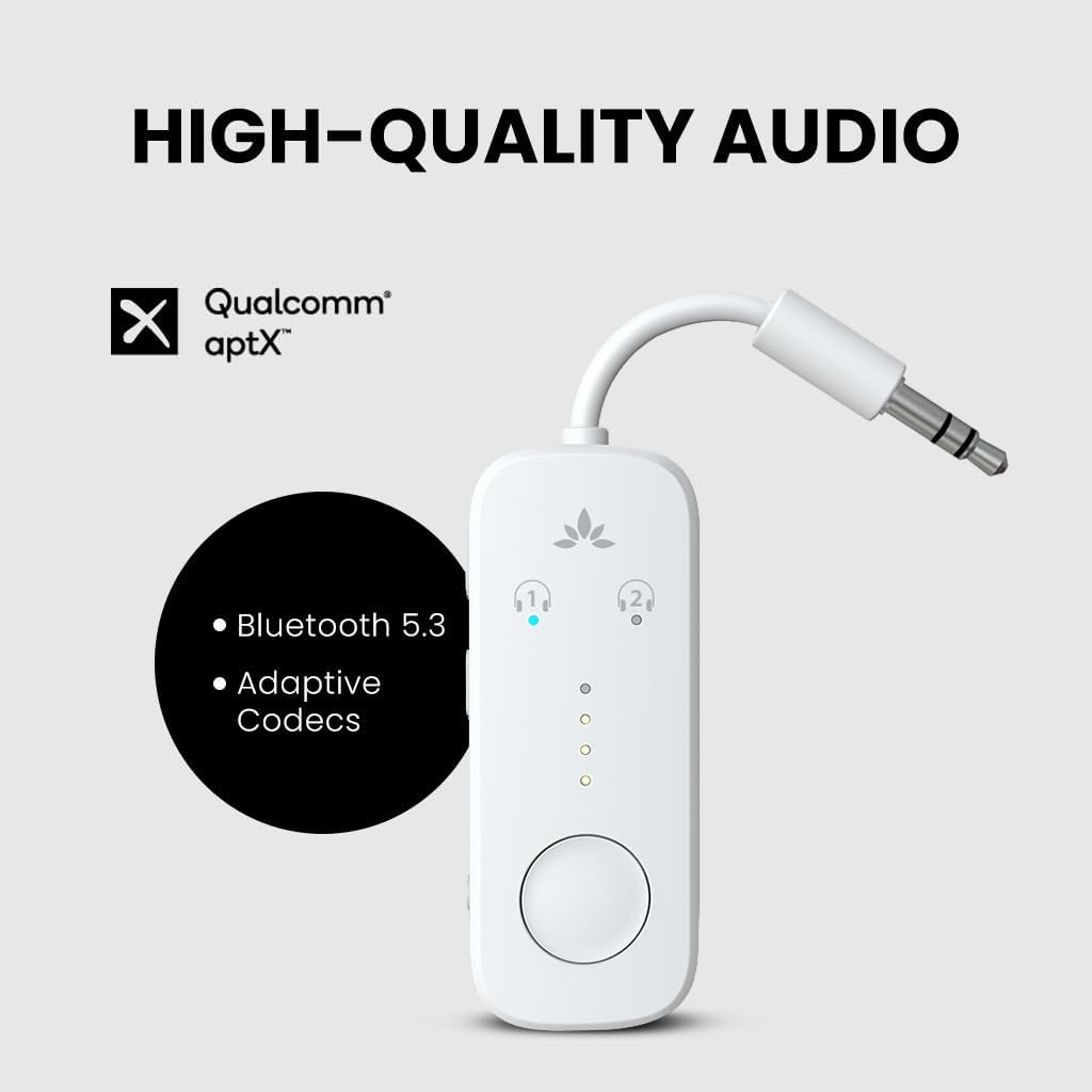 Avantree Relay - Airplane Bluetooth 5.3 Adapter with Qualcomm aptX Adaptive, Supports 2 AirPods or Headphones, 20Hr Playtime, 3.5mm AUX Wireless Audio Transmitter for Travel Flight, Airline, Gym