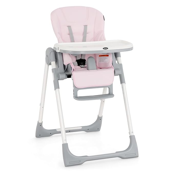 INFANS High Chair for Babies & Toddlers, Foldable Highchair with Multiple Adjustable Backrest, Footrest and Seat Height, Removable Tray, Detachable PU Leather Cushion, Built-in Rear Wheels (Pink)-BubblyBeeBaby