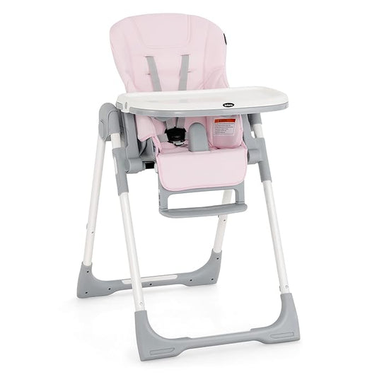 INFANS High Chair for Babies & Toddlers, Foldable Highchair with Multiple Adjustable Backrest, Footrest and Seat Height, Removable Tray, Detachable PU Leather Cushion, Built-in Rear Wheels (Pink)-BubblyBeeBaby