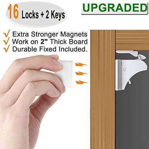 16 Pack Child Safety Magnetic Cabinet Locks - Vmaisi Children Proof Cupboard Baby Locks Latches - Adhesive for Cabinets & Drawers and Screws Fixed for Protection-BubblyBeeBaby