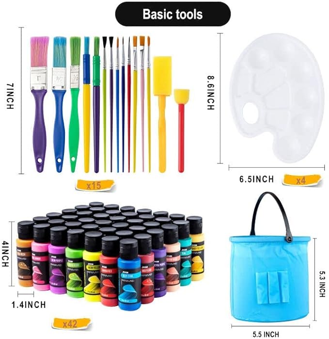JOYIN Washable Tempera Paint Set for Kids 42PCS, Non Toxic Liquid Paint with 15 Brushes and 4 Palettes - Art Supply for Kids for Arts and Crafts Project, Finger Painting (2 oz Each)-BubblyBeeBaby
