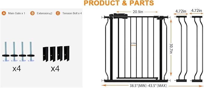HOOEN Wide Baby Gates for Doorway Stairs 30" Tall 38.5-43.5 Inch Wide Indoor Child Gate for Kid or Pet Dogs Walk Through Pressure Mounted Baby Dog Gate-BubblyBeeBaby