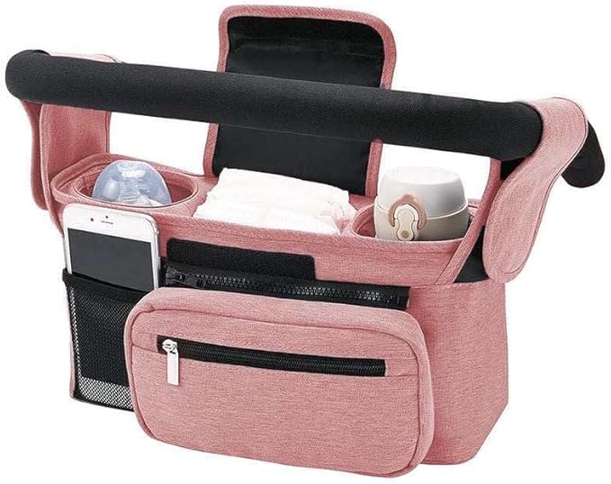 Universal Stroller Organizer with Insulated Cup Holder, Detachable Phone Bag, Shoulder Strap – Fits All Stroller Types, Keeps Drinks Hot/Cold (Pink)-BubblyBeeBaby