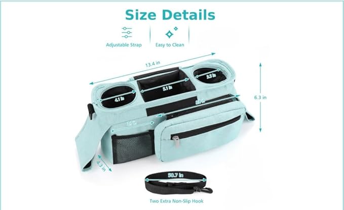 Universal Stroller Organizer with Insulated Cup Holder, Detachable Phone Bag, Shoulder Strap – Fits All Stroller Types, Keeps Drinks Hot/Cold (Blue)-BubblyBeeBaby