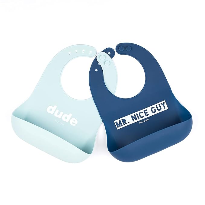 Baby Bib for Eating by Bella Tunno, Set of 2 Waterproof Silicone Bibs with Large Food Catcher, Adjustable Fit for Babies 4-12 months & Toddlers 1-3 Years, Boys & Girls, Dude & Mr Nice Guy-BubblyBeeBaby