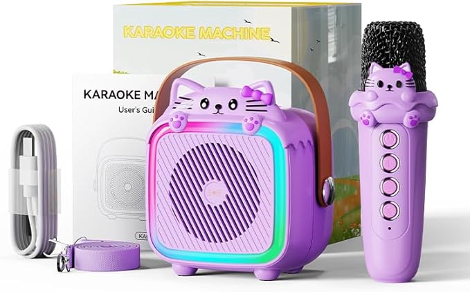 Karaoke Machine with 2 Wireless Microphones for Kids Adults,Portable Bluetooth Speaker Girls Toddlers Toy Gift for Aged 3-12 Year Birthday Parties Christmas Party - Purple-BubblyBeeBaby