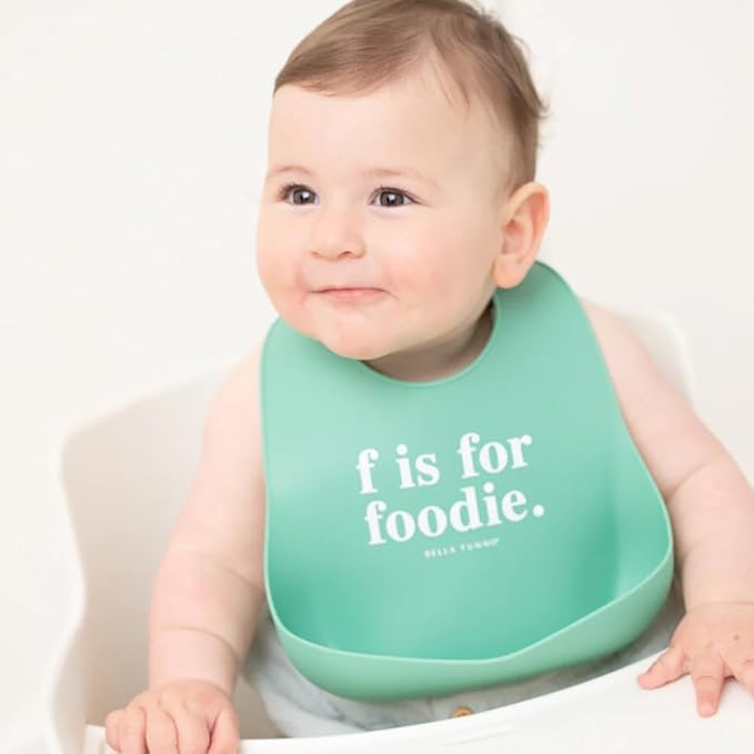 Bella Tunno Baby Bib for Eating, Waterproof Silicone Bib with Large Food Catcher, Adjustable Fit for Babies 4-12 months & Toddlers 1-3 Years, Boys & Girls, F Is For Foodie-BubblyBeeBaby