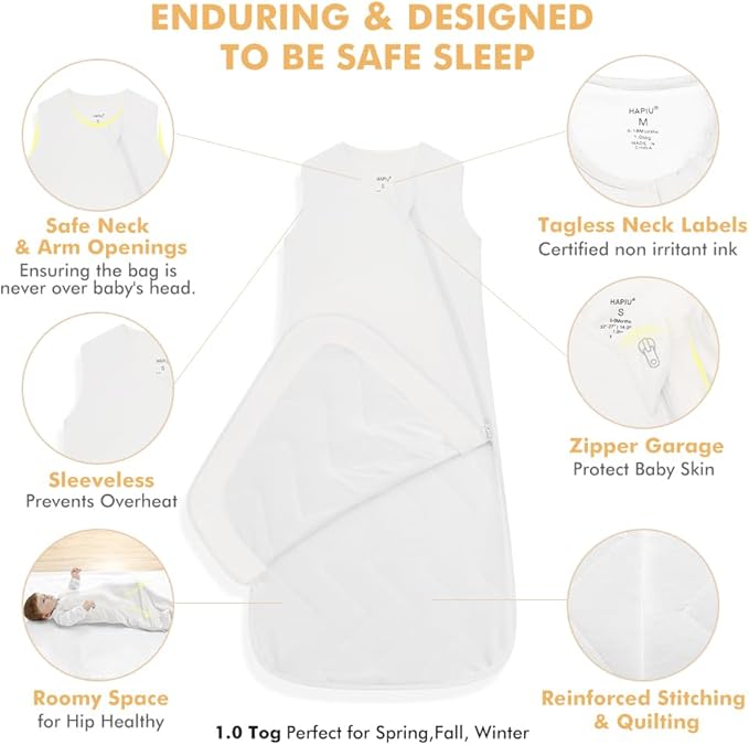 HAPIU Unisex Rayon Made from Bamboo Baby Sleep Sack TOG 1.0, 2-Way Zipper YKK, Wearable Blanket Baby-BubblyBeeBaby