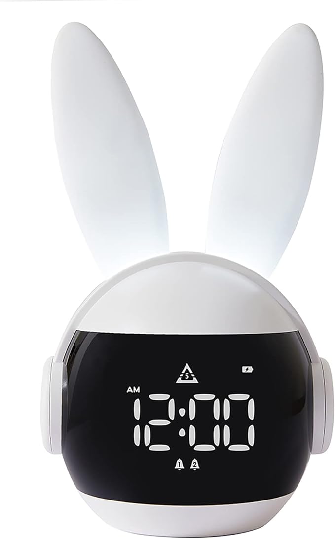 Kids Alarm Clock for Kids, Bunny Alarm Clocks for Girls Boys, White Kid Alarm Clock with Ringtones & Night Light Rechargeable Snoozing-BubblyBeeBaby