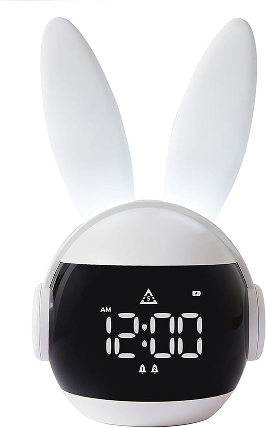 Kids Alarm Clock for Kids, Bunny Alarm Clocks for Girls Boys, White Kid Alarm Clock with Ringtones & Night Light Rechargeable Snoozing-BubblyBeeBaby
