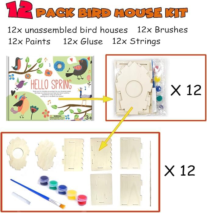 hapray 12 Pack Bird House Kit, DIY Birdhouse Kits, Wooden Crafts Arts for Children to Build and Paint (Includes Paints & Brushes) for Kids Girls Boys Toddlers Christmas Gift-BubblyBeeBaby