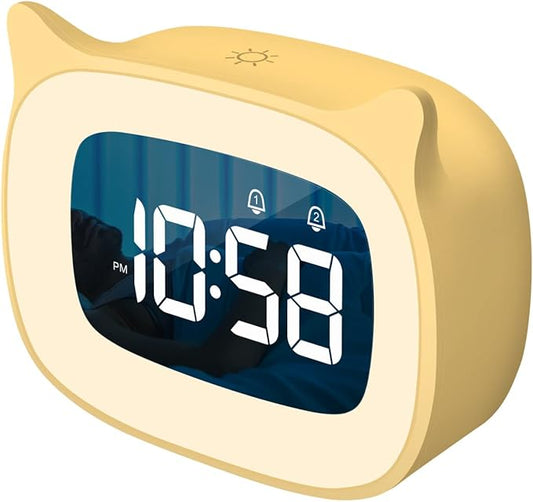 Kids Alarm Clock with Night Light & 18 Ringtones,Rechargeable,Cute Cat Ear Clock for Boys Girls Birthday Presents,Digital Clock for Children's Bedroom(Yellow)-BubblyBeeBaby