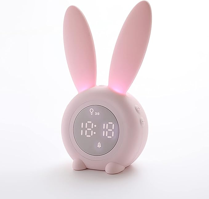 KDtech Kids Alarm Clock with Night Light 6 Ringtones, Cute Pink Bunny Digital Alarm Clock for Kids, Touch Control and Rechargeable Sleep Trainer Clock for Boys Girls Bedroom-BubblyBeeBaby