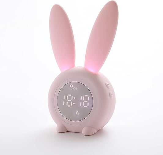 KDtech Kids Alarm Clock with Night Light 6 Ringtones, Cute Pink Bunny Digital Alarm Clock for Kids, Touch Control and Rechargeable Sleep Trainer Clock for Boys Girls Bedroom-BubblyBeeBaby