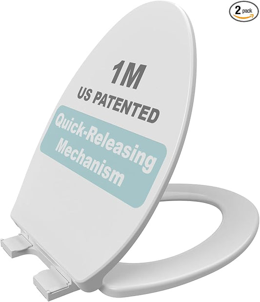 1M Soft Close Toilet Seat Elongated, Patented Quick Releasing for Easy Cleaning, Anti-Wiggling Design, Easy Installation (2PCS Pack)-BubblyBeeBaby