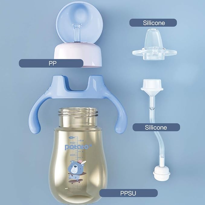 POTATO Sippy Cups For Toddlers with Straw Spill Proof, PPSU Learner Cup with Handle for Boy, Water Bottle for Baby 6 Months with 2 Type of Spout, 6 Ounce Blue-BubblyBeeBaby