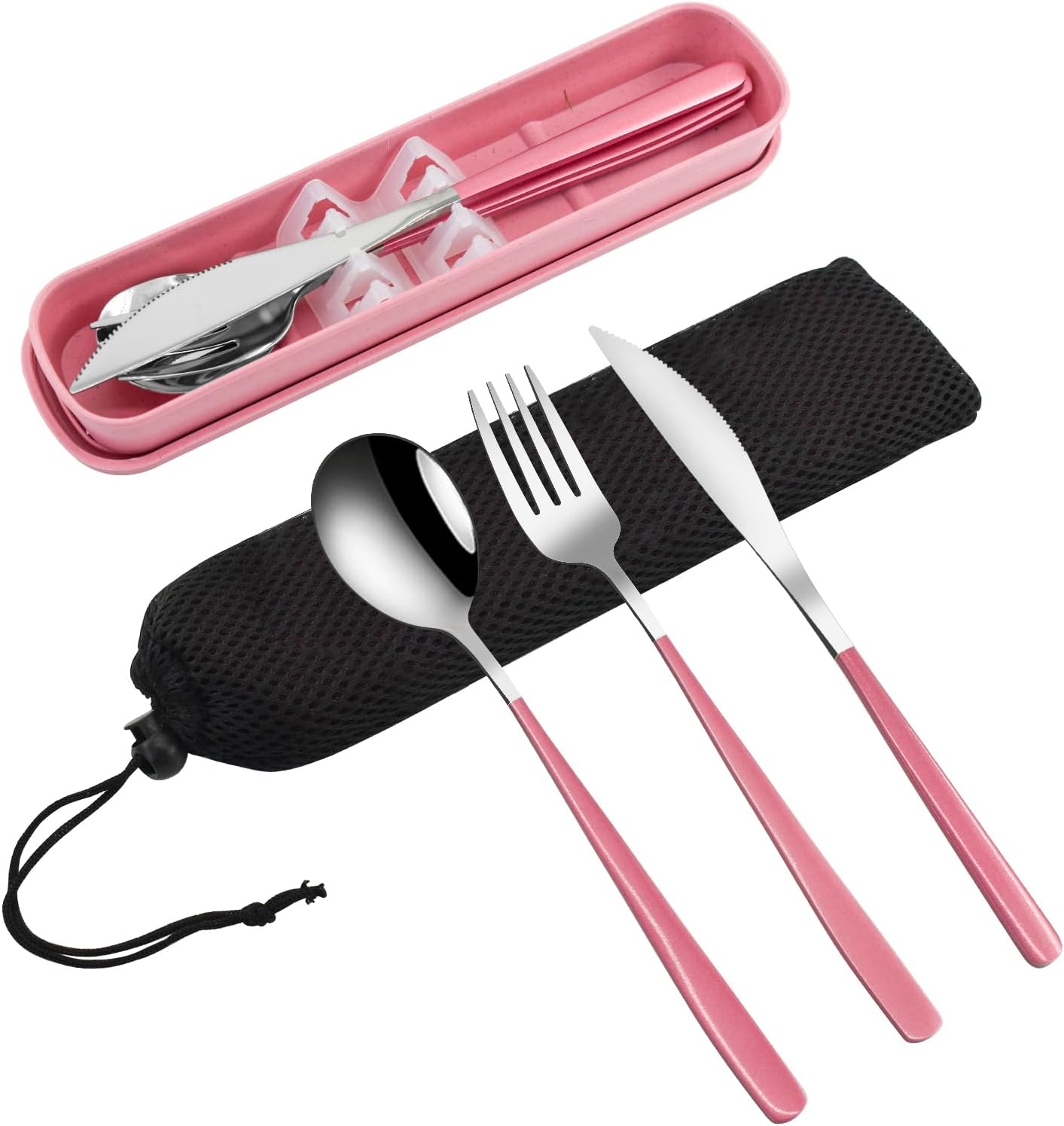 VANRA 3-Piece Portable Travel Utensils Set with Case 18/8 Stainless Steel Flatware Set Reusable Cutlery Set with Fork Spoon Knife for Lunch Travel Camping School Work Picnic (Pink)
