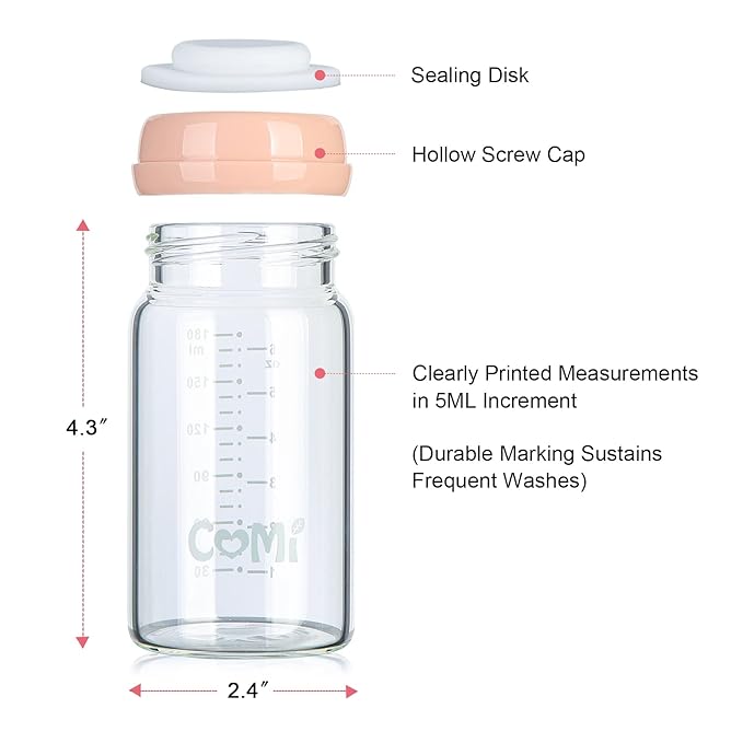 COMI Wide Neck Glass Breastmilk Collection n Storage Bottle, 6oz with Screw Ring Sealing Disk; Re-markable Sealing Disc. BPA Free, Fits Breast Pumps & Nipples (Pink Lids)-BubblyBeeBaby