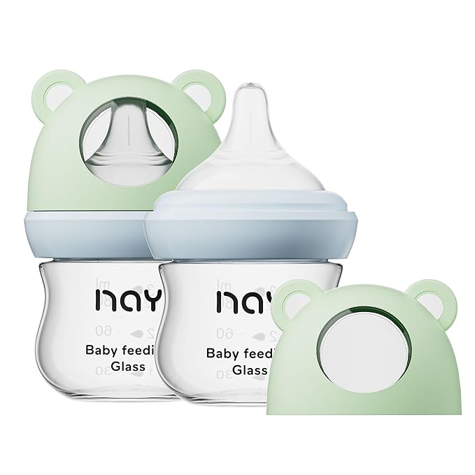 Natural Glass Baby Bottle for Breastfeeding Babies, 3oz Newborn Anti-Colic Baby Bottle with Slow Flow Nipples (SS), Clear, Wide Neck, 2 Pack, 0 Months+-BubblyBeeBaby