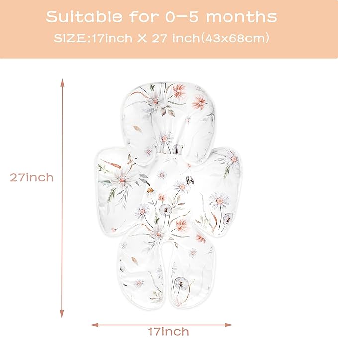 2 in 1 Infant Car Seat Insert, Car Seat Head Support Baby Girls Boys, Soft Newborn Carseat Insert Cushion, Perfect for Carseats, Strollers, Swings (White Flower)-BubblyBeeBaby