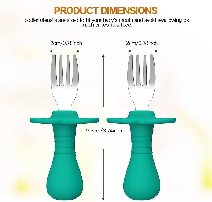 2 Pcs Baby Forks Toddler Forks for Self Feeding, Kids Forks with Silicone Round Handle, Stainless Steel Toddler Utensils Children Safe Silverware Set, Anti-Choke Design, BPA Free-BubblyBeeBaby