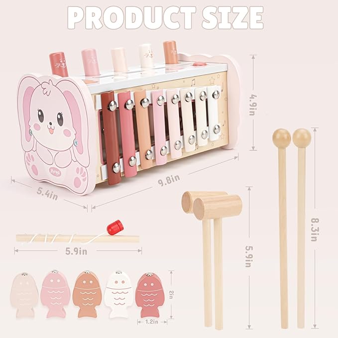 Joyreal Montessori Toys for 1 Year Old Girl Gift - Pink Wooden Hammering Pounding Toy with Xylophone & Fishing Game - Toddler Learning Activities for Kids 1+ 2 3 Year Old Christmas Birthday Gifts-BubblyBeeBaby