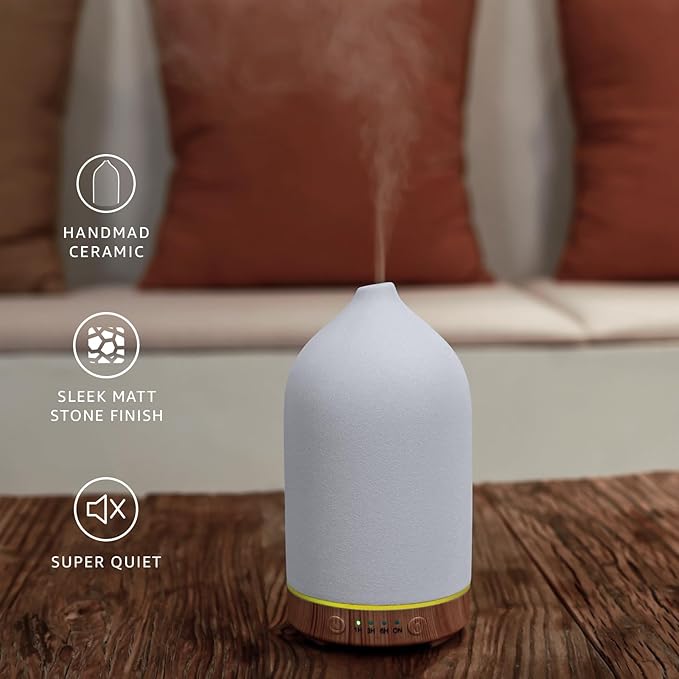 200ML Ceramic Essential Oil Diffuser - Ultrasonic Aromatherapy & Humidifier with 7-Color LED Lights, Auto Shut-Off, Wood Grain Base, 1H/3H/6H Timer | Scent for Home, Office, Yoga-BubblyBeeBaby
