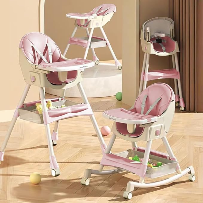High Chairs for Babies and Toddlers, 4 in 1 Convertible Baby High Chair, Portable High Chair for Travel with Adjustable Height and Back, Foldable HighChair with Wheels& Pu Cushion-BubblyBeeBaby