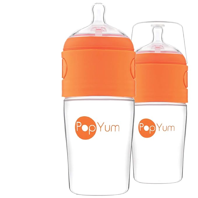 PopYum 9 oz Orange Anti-Colic Formula Making/Mixing/Dispenser Baby Bottles, 2-Pack with #2 Medium Flow Nipples, 260 ml, BPA-Free, Natural Latch-BubblyBeeBaby