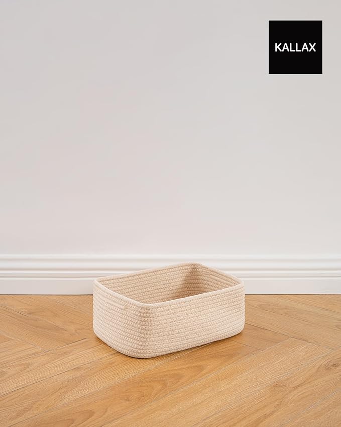 KALLAX Small Woven Basket, 12 x 8 x 4.5 Inches, Storage Basket for Organizing, Cute Small Rope Shelf Closet Cube Storage Bins Baskets for Shelves, Dog Toy Gift Baskets Empty, 3 Packs, Beige-BubblyBeeBaby