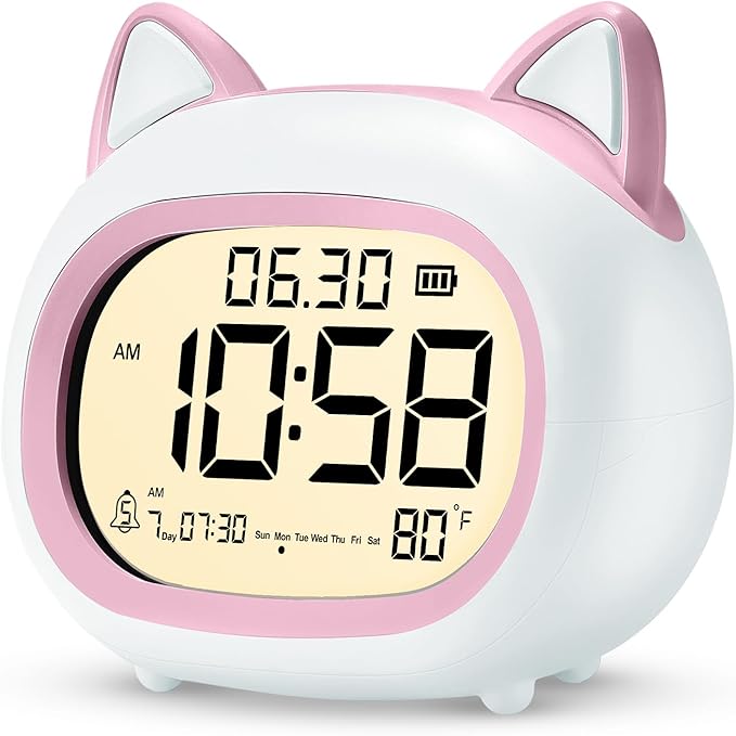 Kids Alarm Clock with Night Light for Kids, Small Digital Alarm Clocks for Bedrooms, Routine Builder, Cute Cat Alarm Clock with Sleep Training, Snooze, 12/24H, Date & Day, Temperature, USB Port-BubblyBeeBaby