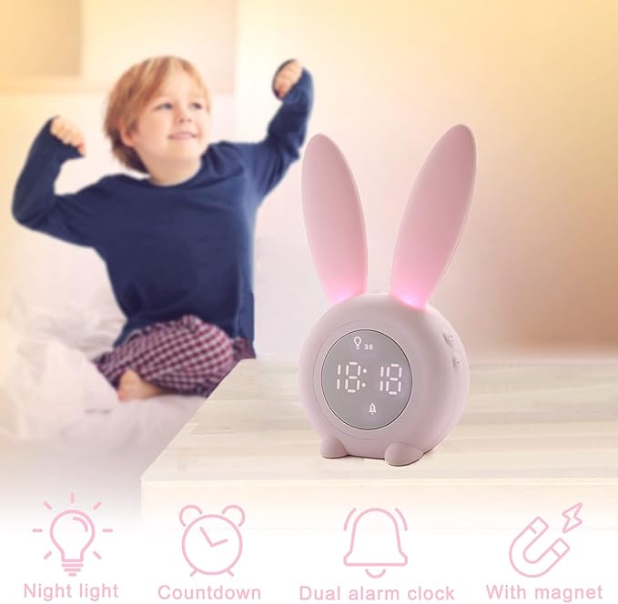 KDtech Kids Alarm Clock with Night Light 6 Ringtones, Cute Pink Bunny Digital Alarm Clock for Kids, Touch Control and Rechargeable Sleep Trainer Clock for Boys Girls Bedroom-BubblyBeeBaby