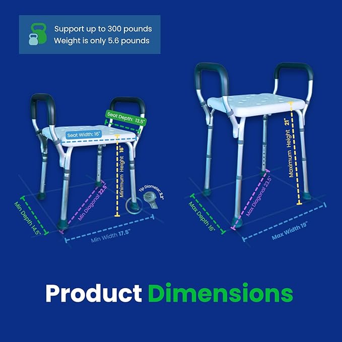 HEALTHLINE Adjustable Shower Bench with Arms – Lightweight Bath Seat with Padded Handles, Height 15"–20", White Plastic Seat with Drainage Holes, for Balance Assistance in Shower/Tub, 300 lb Capacity-BubblyBeeBaby