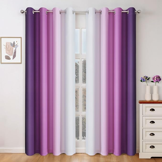 HOMEIDEAS Purple Ombre Blackout Curtains, 52 X 84 Inch Length Gradient Color Room Darkening Curtains with Grommet Thermal Insulated Window Drapes for Living Room, Bedroom, 2 Panels-BubblyBeeBaby
