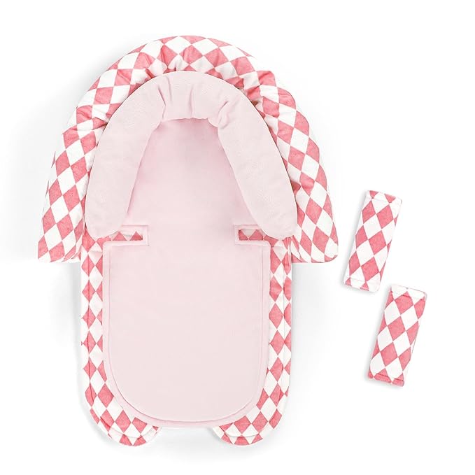 Baby Car Seat Head Support for Newborn, GFU 2 in 1 Infant Car Seat Head Body Support with Strap Pads, Soft Stroller Cushion Pillow Insert for Girls, Fits for Stroller, Swing, Pink-BubblyBeeBaby