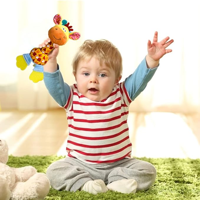 HUADADA Baby Soft Rattles Shaker, Infant Developmental Hand Grip Toys, Sensory Learning Toys with Teether, Sounds for Baby, 3-6-9-12 Months Old-BubblyBeeBaby