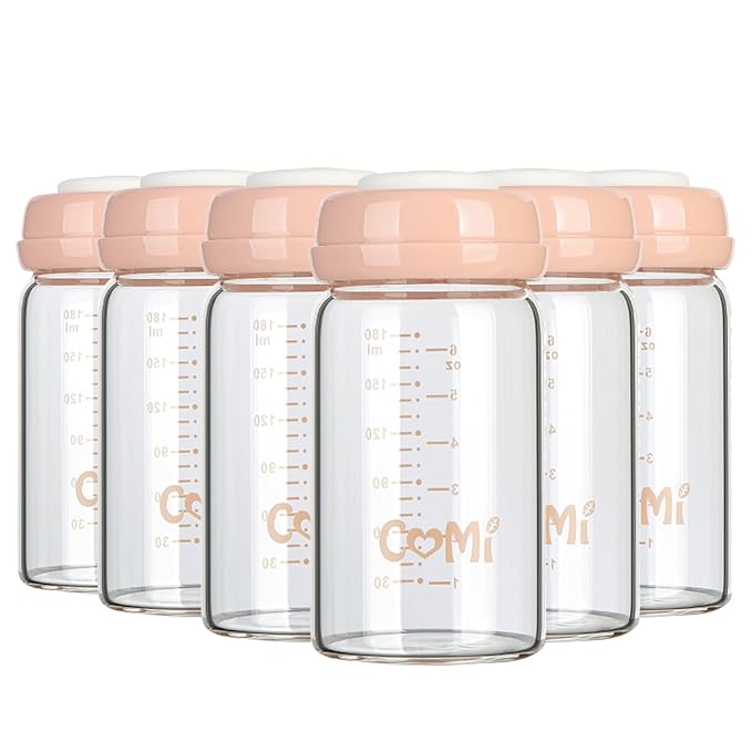 COMI Wide Neck Glass Breastmilk Collection n Storage Bottle, 6oz with Screw Ring Sealing Disk; Re-markable Sealing Disc. BPA Free, Fits Breast Pumps & Nipples (Pink Lids)-BubblyBeeBaby
