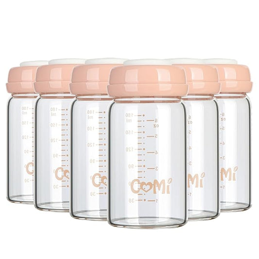 COMI Wide Neck Glass Breastmilk Collection n Storage Bottle, 6oz with Screw Ring Sealing Disk; Re-markable Sealing Disc. BPA Free, Fits Breast Pumps & Nipples (Pink Lids)-BubblyBeeBaby